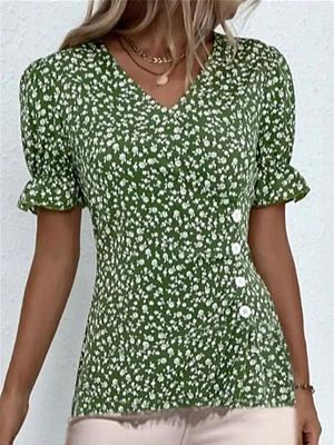 V-Neck Floral Print Button Short Sleeve Blouse