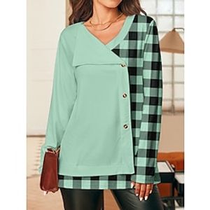 Women's T shirt Tee Plaid Yellow Pink Blue Print Patchwork Button Long Sleeve Daily Going out Fashion V Neck Regular Fit Spring Lightinthebox