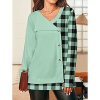 Women's T shirt Tee Plaid Yellow Pink Blue Print Patchwork Button Long Sleeve Daily Going out Fashion V Neck Regular Fit Spring Lightinthebox - thumbnail