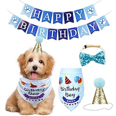 Dog Birthday Outfit Set, Shinning Dog Bow Tie with Prince Crown  Double Sided Saliva Towel, Birthday Banner  Paw Print Balloons for Pet Puppy Dog Cat Boy Birthday Parties miniinthebox