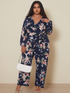 YOINS Plus Size V-neck Floral Print Wrap Design Self-tie Design Long Sleeves Jumpsuit