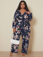 YOINS Plus Size V-neck Floral Print Wrap Design Self-tie Design Long Sleeves Jumpsuit - thumbnail