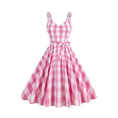 Women's Vintage Dress Party Dress Homecoming Dress Mini Dress Pink Sleeveless Plaid Print Spring Fall Winter Spaghetti Strap Vintage Christmas Wedding Guest Birthday 2023 S M L XL XXL Lightinthebox