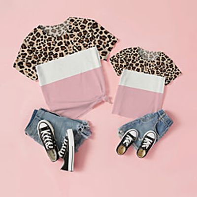 Mommy and Me Tops Color Block Leopard Print White Short Sleeve Daily Matching Outfits Lightinthebox