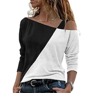 Women's Shirt Black Color Block Print Long Sleeve Casual Streetwear One Shoulder Regular S miniinthebox