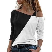 Women's Shirt Black Color Block Print Long Sleeve Casual Streetwear One Shoulder Regular S miniinthebox - thumbnail