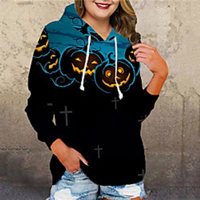 Women's Plus Size Tops Hoodie Sweatshirt Graphic Pumpkin Print Long Sleeve V Neck Streetwear Halloween Fall Winter Blue Yellow Black Big Size XL XXL 3XL 4XL 5XL miniinthebox