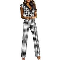 Women's Jumpsuit High Waist Button Front Houndstooth V Neck Elegant Office Business Straight Regular Fit Sleeveless Black S M L Spring miniinthebox - thumbnail