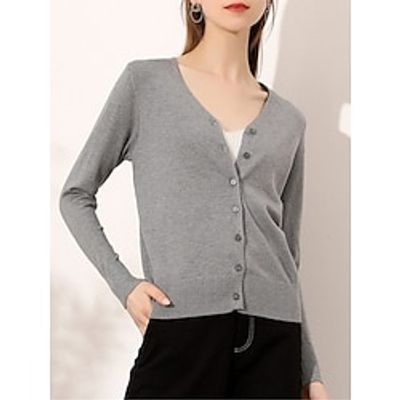 Women's Cardigan Sweater Jumper Ribbed Knit Button Solid Color V Neck Stylish Casual Outdoor Daily Fall Winter turmeric Bean Green S M L Lightinthebox