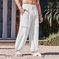 Men's Linen Pants Trousers Summer Pants Beach Pants Pocket Drawstring Elastic Waist Plain Comfort Breathable Daily Holiday Vacation Hawaiian Boho Black White Lightinthebox