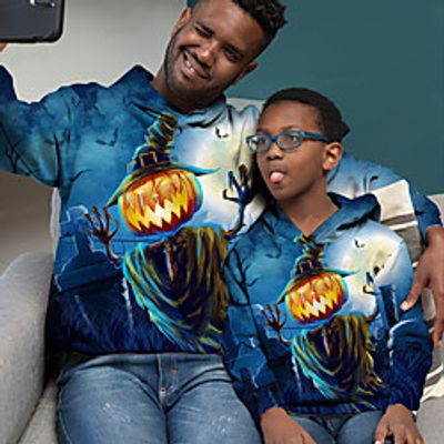 Dad and Son Halloween Hoodie Pumpkin Halloween pattern Print Blue Long Sleeve Daily Matching Outfits miniinthebox