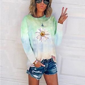 Women's T shirt Tee Violets Red Green Daisy Print Long Sleeve Holiday Weekend Basic Round Neck Regular Floral Painting S Lightinthebox
