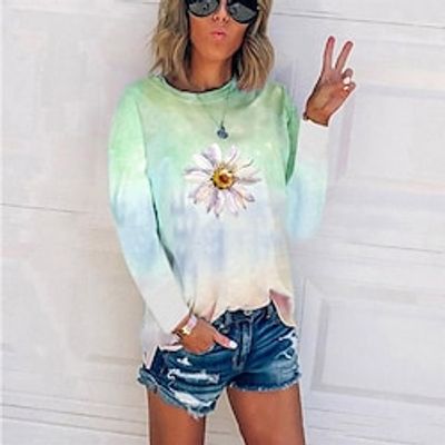 Women's T shirt Tee Violets Red Green Daisy Print Long Sleeve Holiday Weekend Basic Round Neck Regular Floral Painting S Lightinthebox