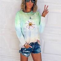Women's T shirt Tee Violets Red Green Daisy Print Long Sleeve Holiday Weekend Basic Round Neck Regular Floral Painting S Lightinthebox - thumbnail