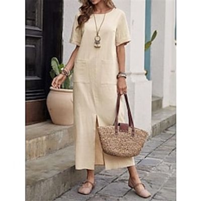 Women's Casual Dress Summer Dress Plain Dress Long Dress Maxi Dress Split Street Date Maxi Basic Crew Neck Short Sleeve Loose Fit Red Blue Green Color S M L XL 2XL Size Lightinthebox