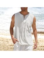 Men's Tank Top Shirt Lace-Up Solid Linen Short Sleeve T-Shirt