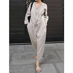 Women's Jumpsuit Pocket Solid Color V Neck Streetwear Street Daily Regular Fit Long Sleeve Black Khaki One-Size Summer Lightinthebox