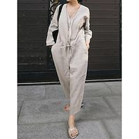Women's Jumpsuit Pocket Solid Color V Neck Streetwear Street Daily Regular Fit Long Sleeve Black Khaki One-Size Summer Lightinthebox - thumbnail