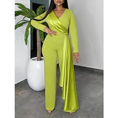 Women's Jumpsuit High Waist Solid Color V Neck Elegant Party Office Regular Fit Long Sleeve Black Blue Orange S M L Summer miniinthebox