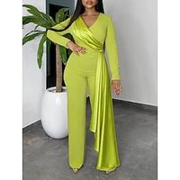 Women's Jumpsuit High Waist Solid Color V Neck Elegant Party Office Regular Fit Long Sleeve Black Blue Orange S M L Summer miniinthebox - thumbnail