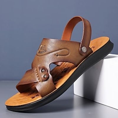 Men's Sandals Flat Sandals Leather Sandals Casual Beach Home Daily Walking Shoes PU Synthetics Breathable Booties / Ankle Boots Brown Khaki Summer Spring miniinthebox