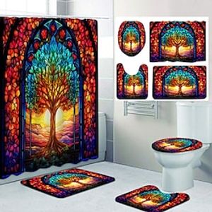 The Tree of Life Bathroom Deco 4 Pcs Shower Curtain Set Bathroom Sets Modern Home Bathroom Decor with Bath Mat U Shape and Toilet Lid Cover Mat and 12 Hooks Lightinthebox