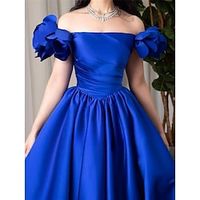 A-Line Evening Gown Elegant Dress Formal Sweep  Brush Train Short Sleeve Off Shoulder Satin with Pleats Ruched 2023 Lightinthebox - thumbnail