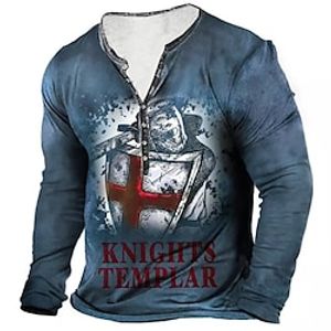 Men's T shirt Tee Henley Shirt Tee Graphic Cross Henley Blue 3D Print Plus Size Outdoor Daily Long Sleeve Button-Down Print Clothing Apparel Basic Designer Classic Comfortable / Sports miniinthebox