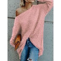 Women's Pullover Sweater Jumper Jumper Ribbed Knit Short Cold Shoulder Solid Color One Shoulder Stylish Casual Daily Going out Fall Winter Pink Navy Blue XS S M miniinthebox - thumbnail
