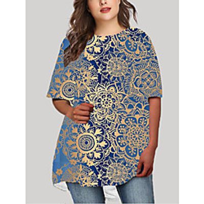 Women's Plus Size Dress T Shirt Dress Tee Dress Short Mini Dress Half Sleeve Floral Graphic Print Basic Fall Spring Summer Blue XL XXL 3XL 4XL 5XL Lightinthebox
