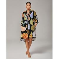 Women's Black Pumpkin Print Shirt Dress V Neck Loose Fit Asymmetrical Hem Split Design Elegant Stylish Daily Work Party Fall