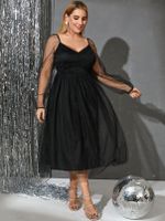 YOINS Plus Size V-neck Backless Design Long Sleeves Midi Dress - thumbnail