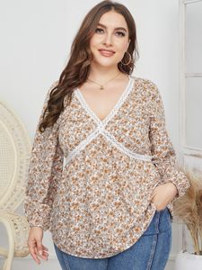 Plus Size V-neck Calico Long Sleeves Blouse