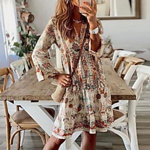 Women's A Line Dress Short Mini Dress Khaki 3/4 Length Sleeve Floral Print Fall V Neck Casual 2021 S M L XL XXL miniinthebox