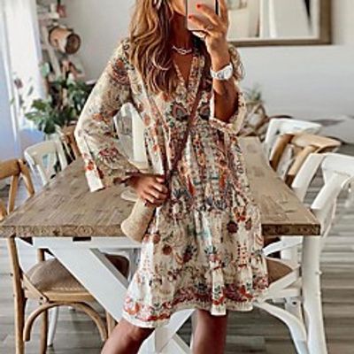 Women's A Line Dress Short Mini Dress Khaki 3/4 Length Sleeve Floral Print Fall V Neck Casual 2021 S M L XL XXL miniinthebox