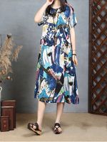 O-NEWE Vintage Women Printed Short Sleeve Pockets Dress