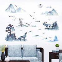 Wall Sticker Ink Mountain Wolf Deer Bird Study Bedroom Office Background Decoration Wall Pastering Can Remove Silhouette Pastering miniinthebox - thumbnail