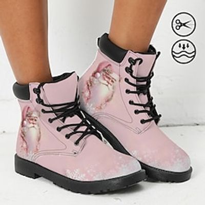 Women's Boots Print Shoes Xmas Shoes Combat Boots Party Outdoor Christmas Santa Claus Booties Ankle Boots Winter Flat Heel Round Toe Closed Toe Fashion Casual Faux Leather Lace-up Pink Light Green Lightinthebox