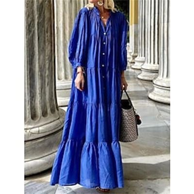 Women's Casual Dress Cotton Linen Dress Swing Dress Maxi long Dress Linen Cotton Blend Fashion Basic Outdoor Daily Holiday Split Neck Ruched Ruffle Long Sleeve Fall Winter Autumn 2023 Loose Fit Black Lightinthebox