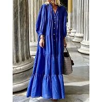 Women's Casual Dress Cotton Linen Dress Swing Dress Maxi long Dress Linen Cotton Blend Fashion Basic Outdoor Daily Holiday Split Neck Ruched Ruffle Long Sleeve Fall Winter Autumn 2023 Loose Fit Black Lightinthebox - thumbnail