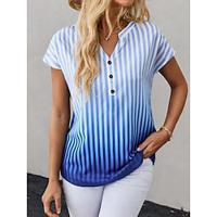 Women's T shirt Tee Ombre Striped Daily Going out Button Print Blue Short Sleeve Stylish V Neck Summer Lightinthebox