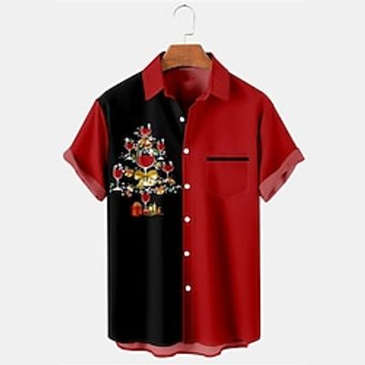Wine Glass Casual Men's Shirt Daily Wear Going out Weekend Autumn  Fall Turndown Short Sleeves Burgundy S, M, L 4-Way Stretch Fabric Shirt Christmas Lightinthebox