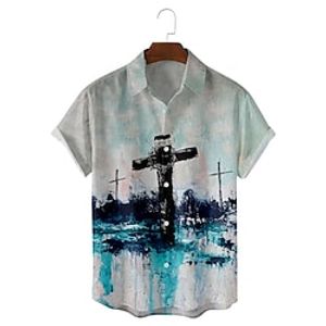 Men's Shirt 3D Print Cross Turndown Casual Daily Short Sleeve Tops Casual Hawaiian Blue  White Lightinthebox