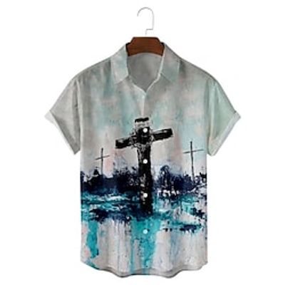 Men's Shirt 3D Print Cross Turndown Casual Daily Short Sleeve Tops Casual Hawaiian Blue  White Lightinthebox