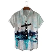 Men's Shirt 3D Print Cross Turndown Casual Daily Short Sleeve Tops Casual Hawaiian Blue  White Lightinthebox - thumbnail