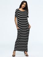 Casual Stripe Loose Short Sleeve O-neck Maxi Dress For Women