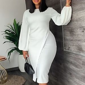 Women's Bodycon Knee Length Dress White Black Pink Long Sleeve Pure Color Ruched Spring Summer Round Neck Elegant Fashion Lantern Sleeve 2022 S M L XL XXL miniinthebox