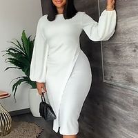 Women's Bodycon Knee Length Dress White Black Pink Long Sleeve Pure Color Ruched Spring Summer Round Neck Elegant Fashion Lantern Sleeve 2022 S M L XL XXL miniinthebox - thumbnail