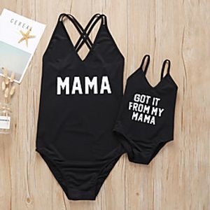 Black Letter Print Sling One-piece Swimsuits for Mommy and Me miniinthebox