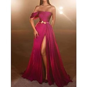 Sheath  Column Evening Gown High Split Dress Formal Sweep  Brush Train Sleeveless One Shoulder Chiffon with Bow(s) Slit 2023 Lightinthebox